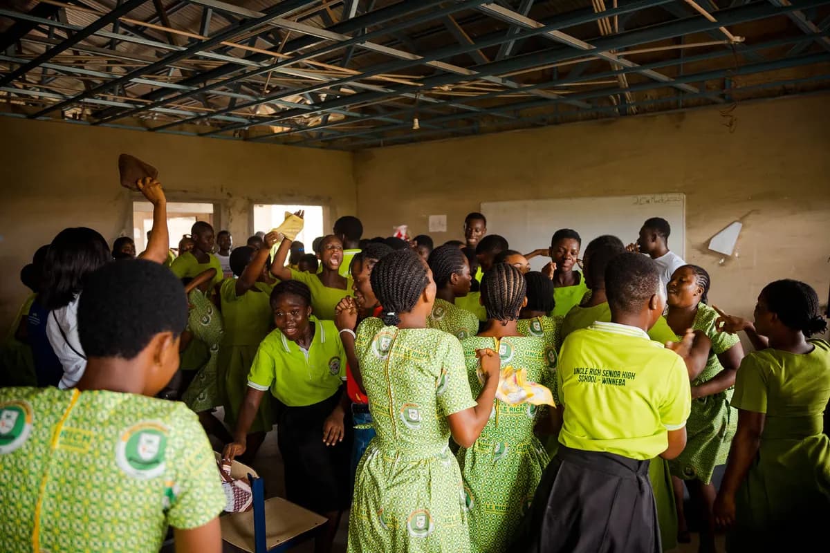 Students celebrating at Uncle Rich Senior High School, Winneba